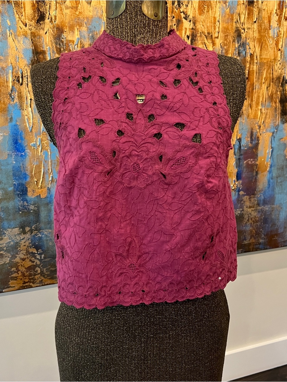 Free People Purple Eyelet Embroidered Mock Neck Sleeveless Top XS